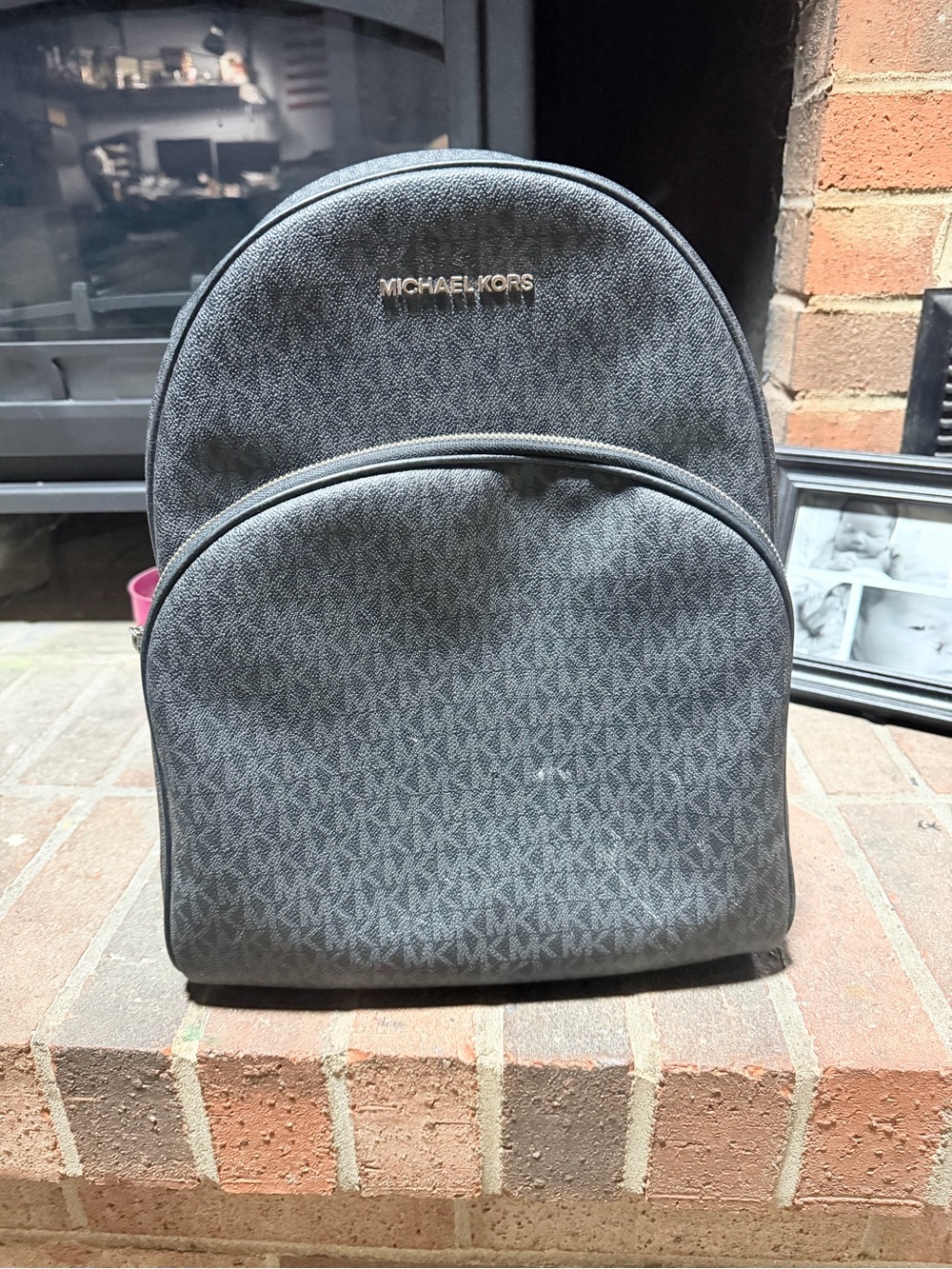 Michael Kors Gray Signature Logo Backpack with Gold Logo
